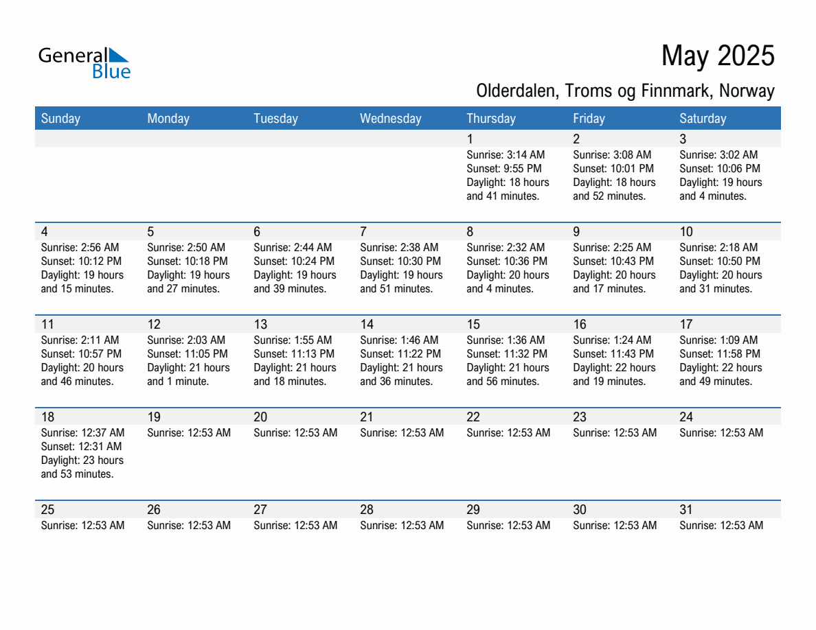 May 2025 sunrise and sunset calendar for Olderdalen