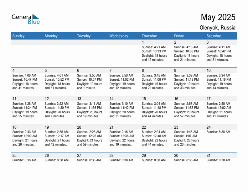 Olenyok May 2025 sunrise and sunset calendar in PDF, Excel, and Word