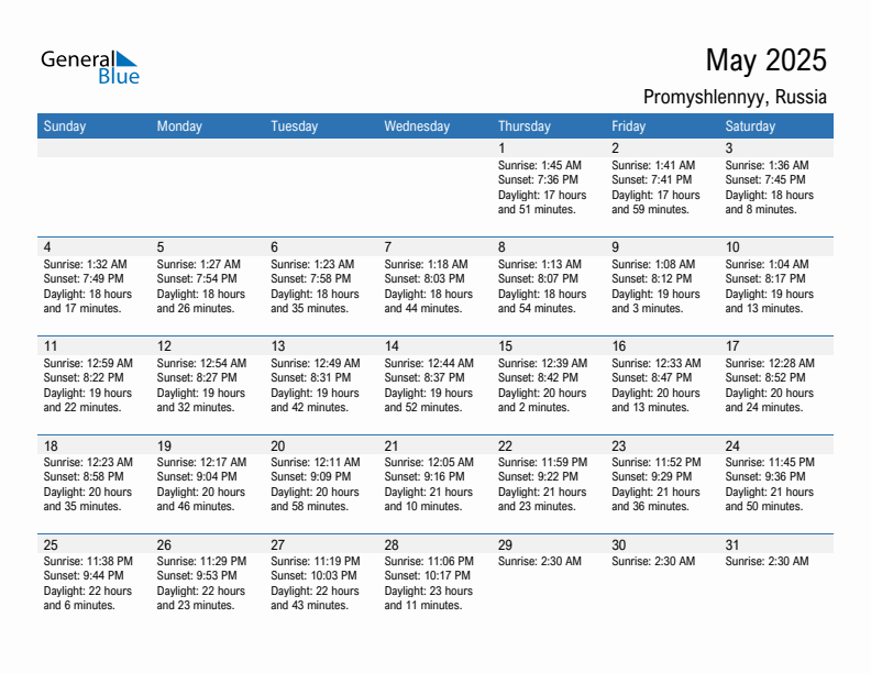 Promyshlennyy May 2025 sunrise and sunset calendar in PDF, Excel, and Word