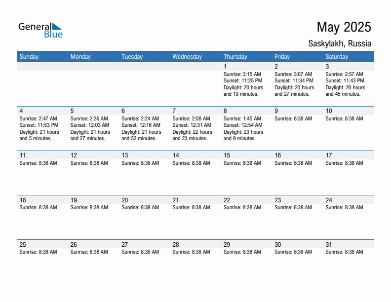 Saskylakh May 2025 sunrise and sunset calendar in PDF, Excel, and Word