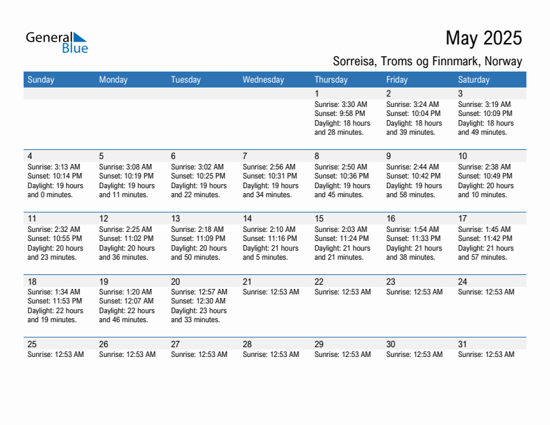 Sorreisa May 2025 sunrise and sunset calendar in PDF, Excel, and Word