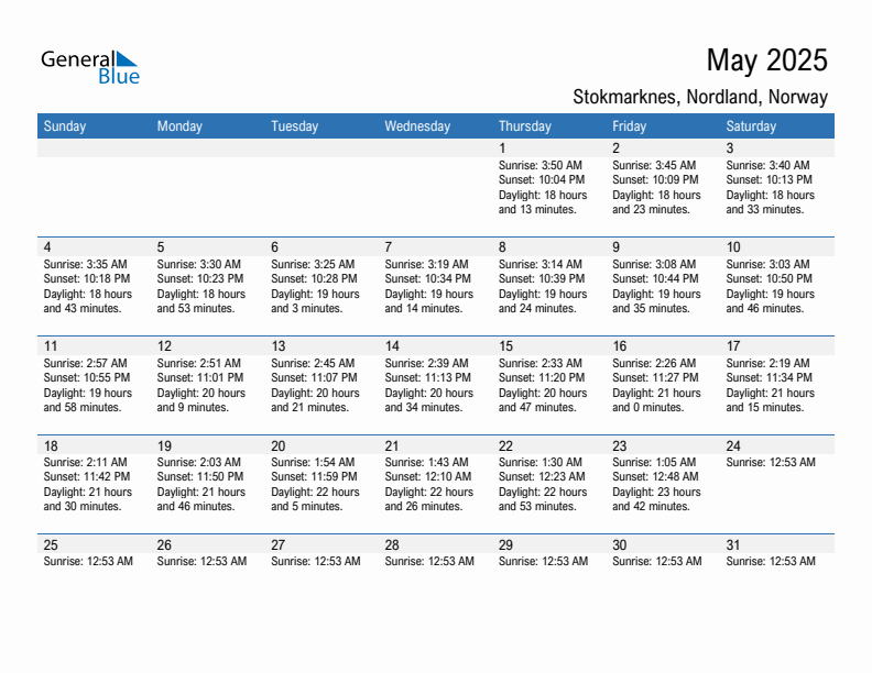 Stokmarknes May 2025 sunrise and sunset calendar in PDF, Excel, and Word