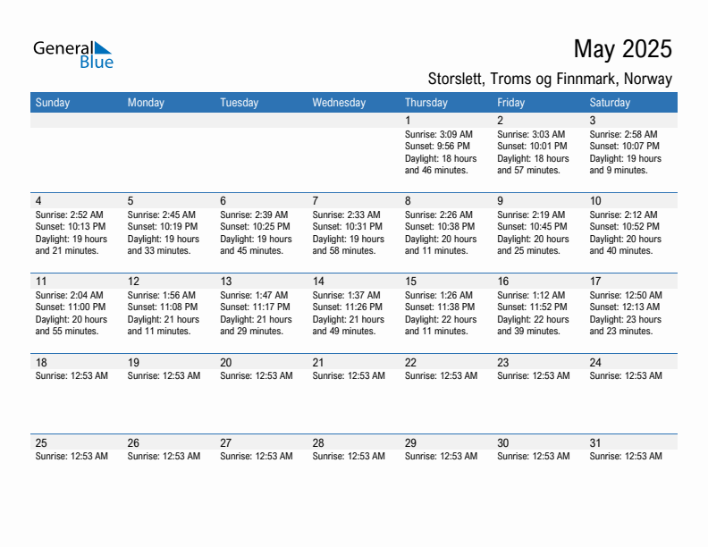 Storslett May 2025 sunrise and sunset calendar in PDF, Excel, and Word