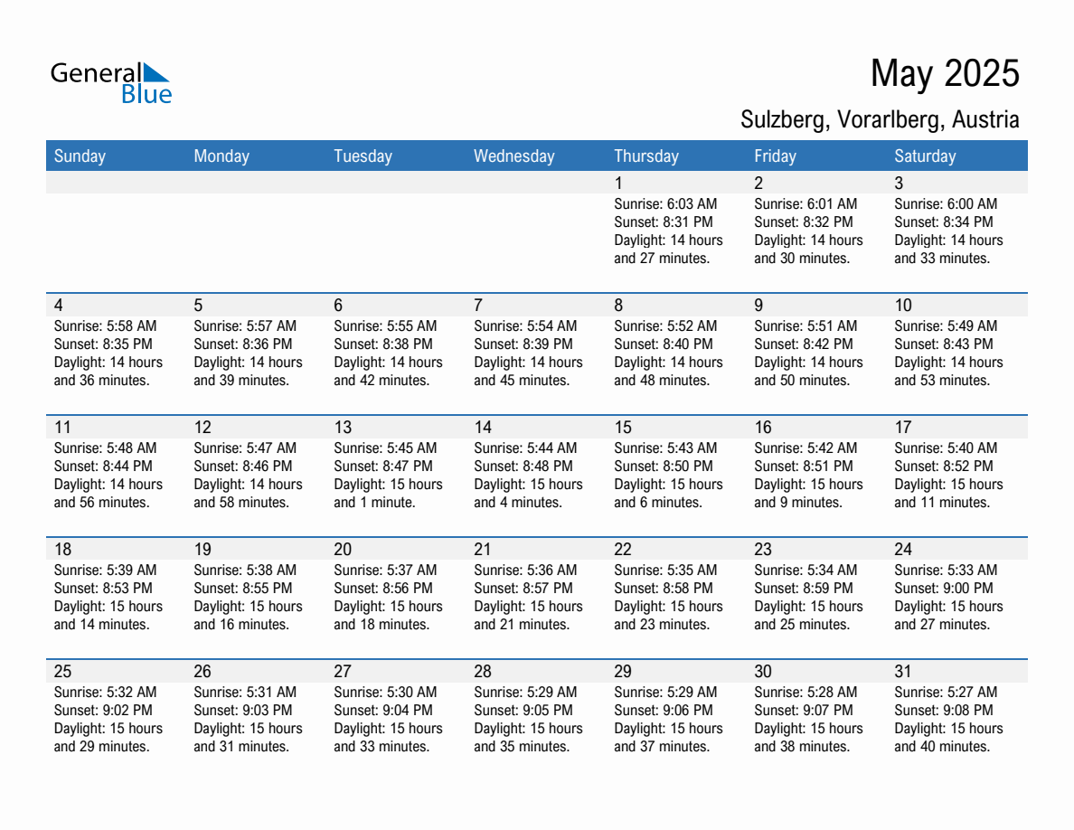 May 2025 sunrise and sunset calendar for Sulzberg