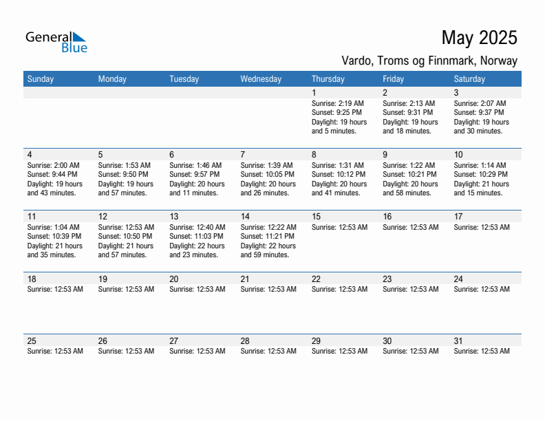 Vardo May 2025 sunrise and sunset calendar in PDF, Excel, and Word