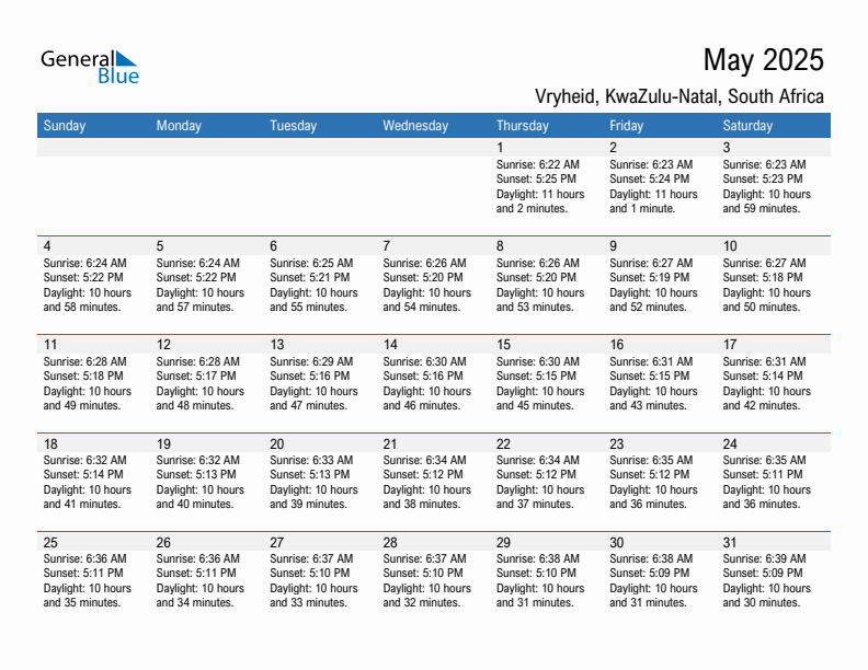 Vryheid May 2025 sunrise and sunset calendar in PDF, Excel, and Word