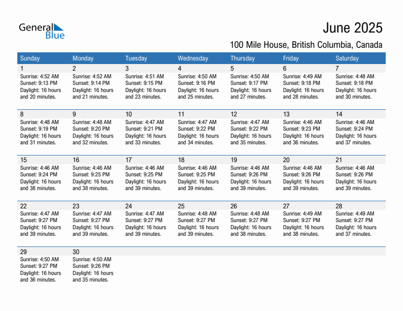 100 Mile House June 2025 sunrise and sunset calendar in PDF, Excel, and Word