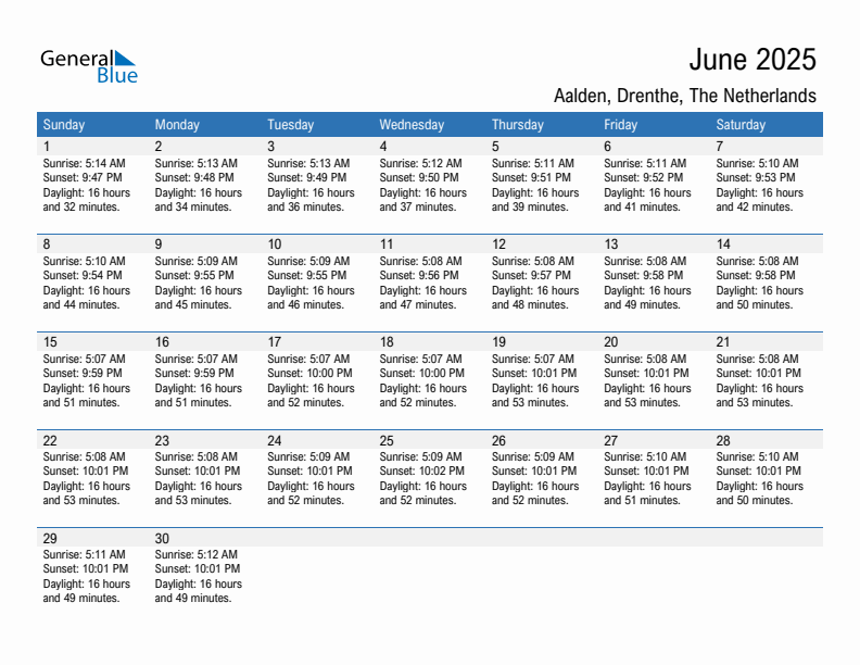 Aalden June 2025 sunrise and sunset calendar in PDF, Excel, and Word