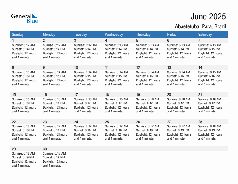 Abaetetuba June 2025 sunrise and sunset calendar in PDF, Excel, and Word