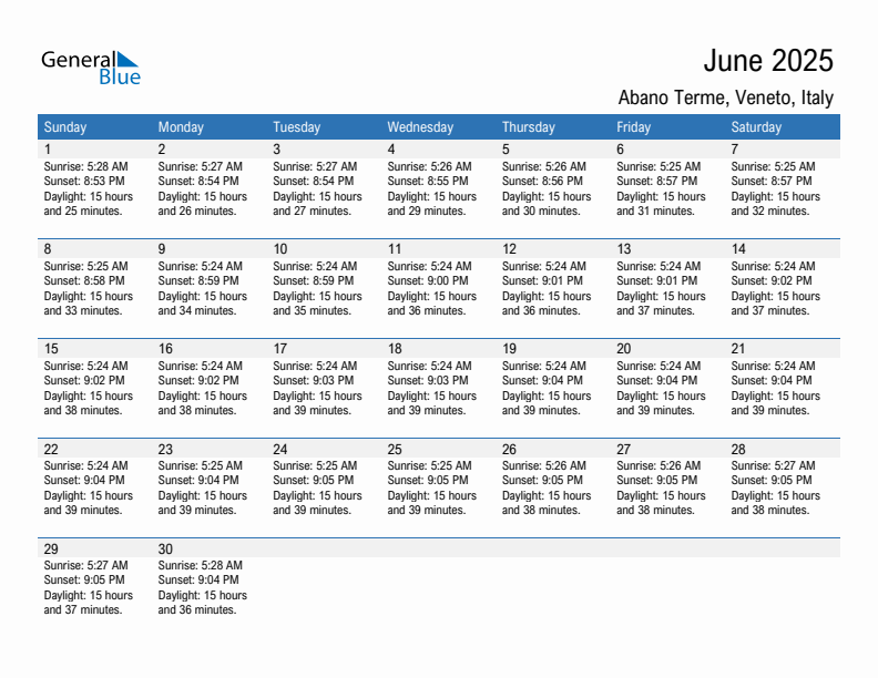 Abano Terme June 2025 sunrise and sunset calendar in PDF, Excel, and Word