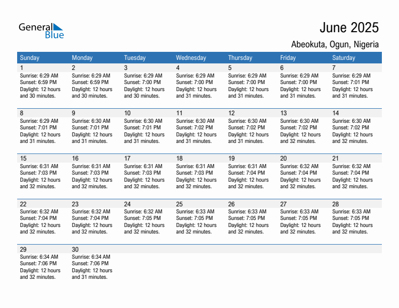 Abeokuta June 2025 sunrise and sunset calendar in PDF, Excel, and Word