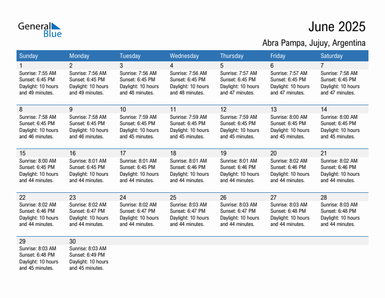 Abra Pampa June 2025 sunrise and sunset calendar in PDF, Excel, and Word