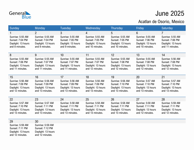 Acatlan de Osorio June 2025 sunrise and sunset calendar in PDF, Excel, and Word