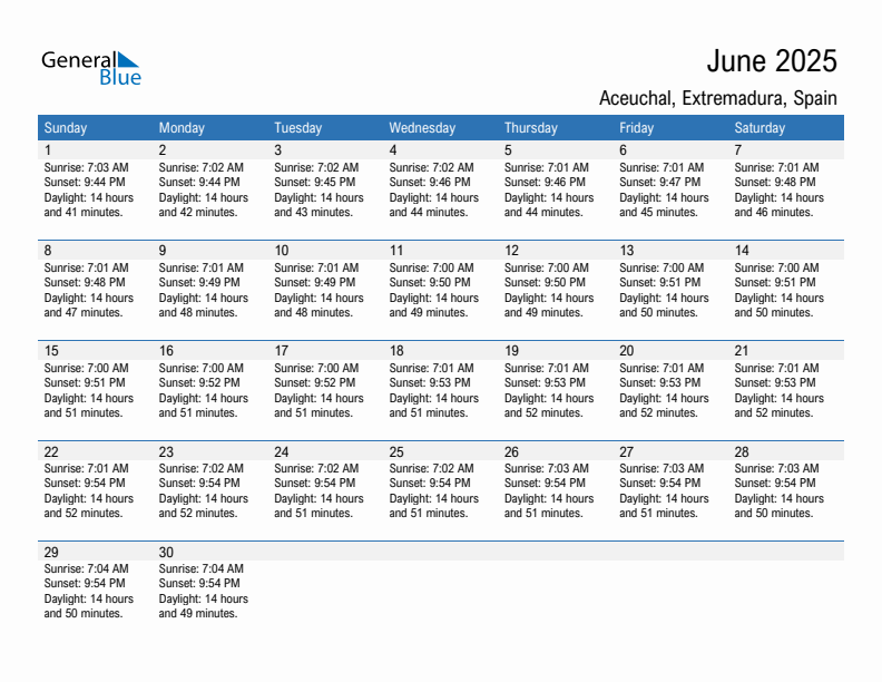 Aceuchal June 2025 sunrise and sunset calendar in PDF, Excel, and Word