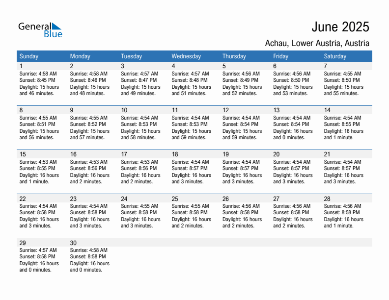 Achau June 2025 sunrise and sunset calendar in PDF, Excel, and Word