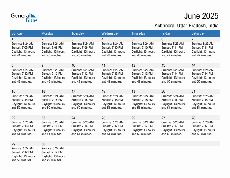 Achhnera June 2025 sunrise and sunset calendar in PDF, Excel, and Word