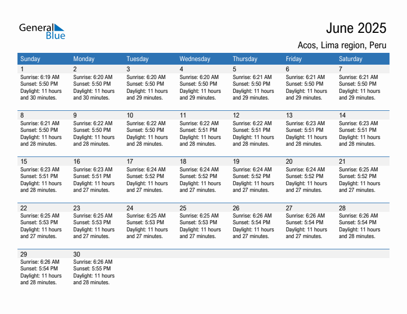 Acos June 2025 sunrise and sunset calendar in PDF, Excel, and Word