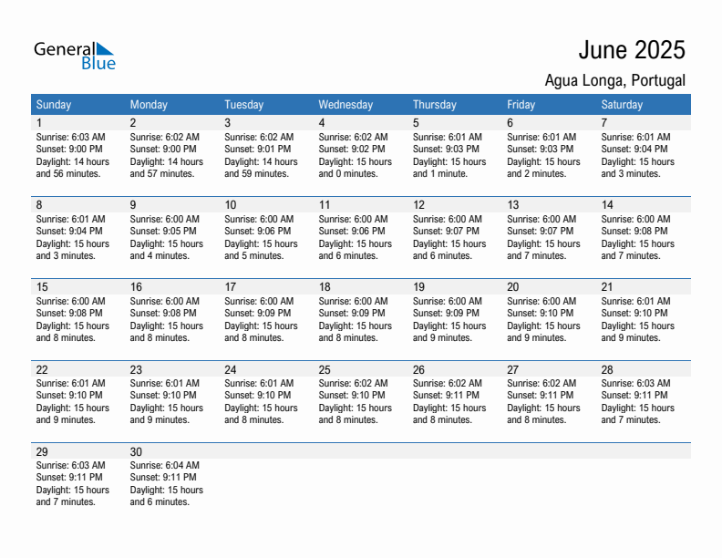 Agua Longa June 2025 sunrise and sunset calendar in PDF, Excel, and Word