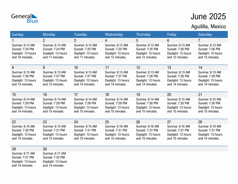 Aguililla June 2025 sunrise and sunset calendar in PDF, Excel, and Word