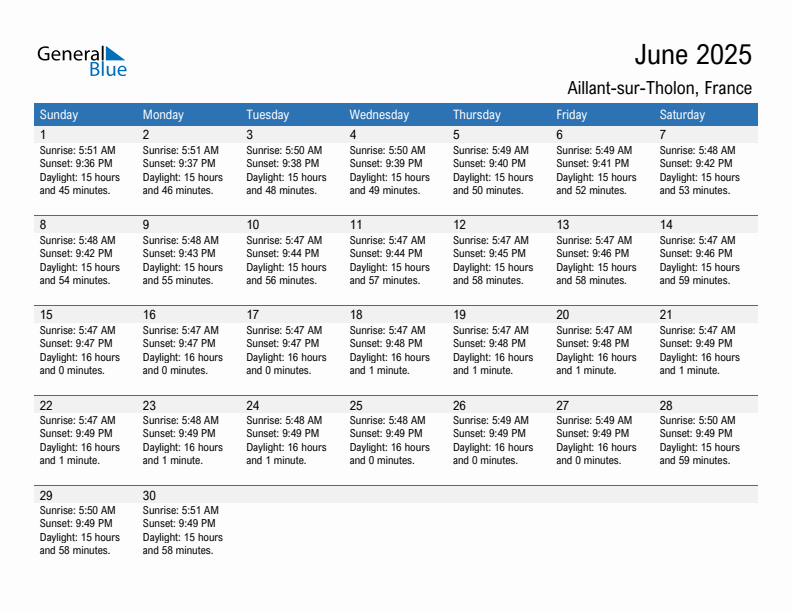 Aillant-sur-Tholon June 2025 sunrise and sunset calendar in PDF, Excel, and Word