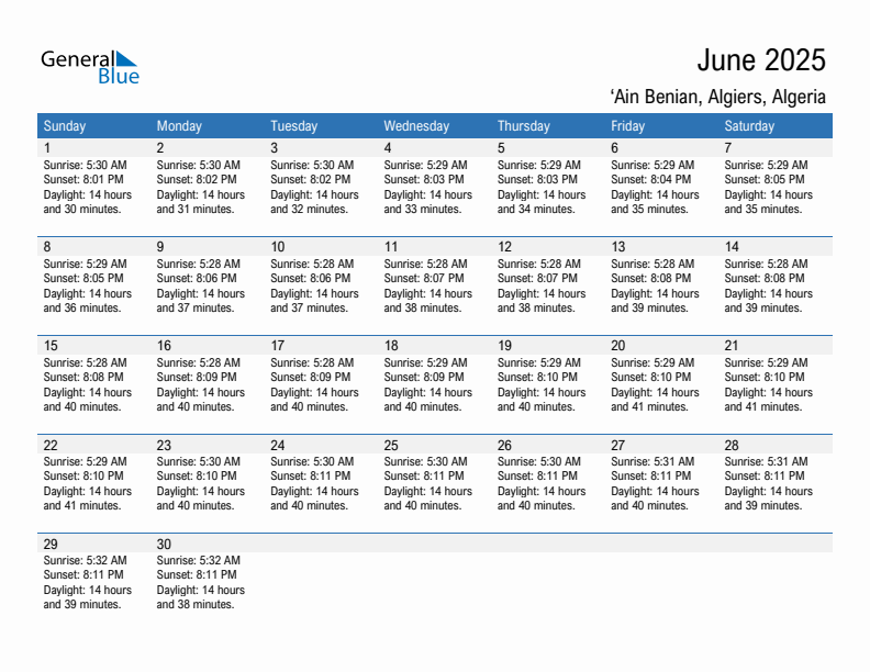 'Ain Benian June 2025 sunrise and sunset calendar in PDF, Excel, and Word