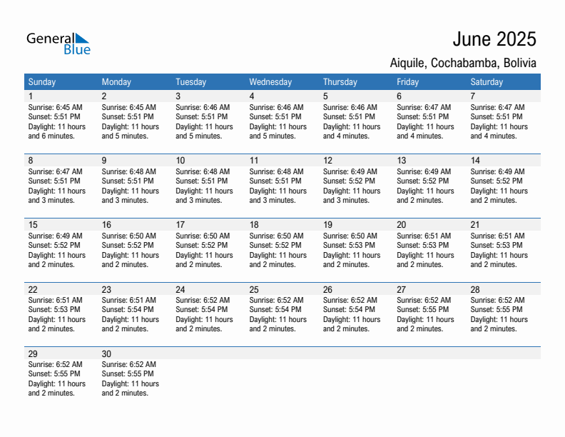 Aiquile June 2025 sunrise and sunset calendar in PDF, Excel, and Word