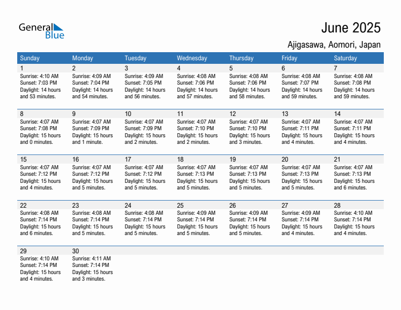 Ajigasawa June 2025 sunrise and sunset calendar in PDF, Excel, and Word