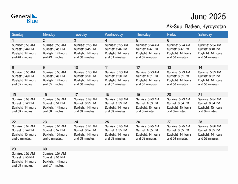 Ak-Suu June 2025 sunrise and sunset calendar in PDF, Excel, and Word