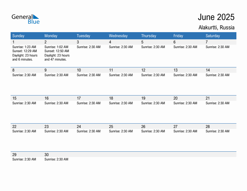 Alakurtti June 2025 sunrise and sunset calendar in PDF, Excel, and Word