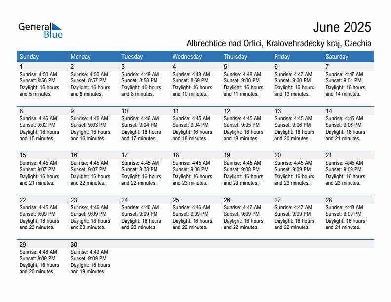 Albrechtice nad Orlici June 2025 sunrise and sunset calendar in PDF, Excel, and Word