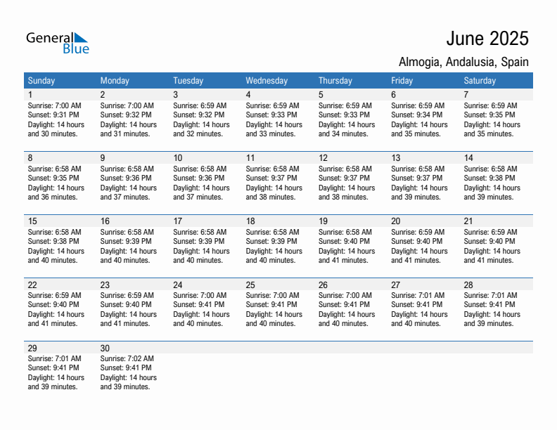 Almogia June 2025 sunrise and sunset calendar in PDF, Excel, and Word