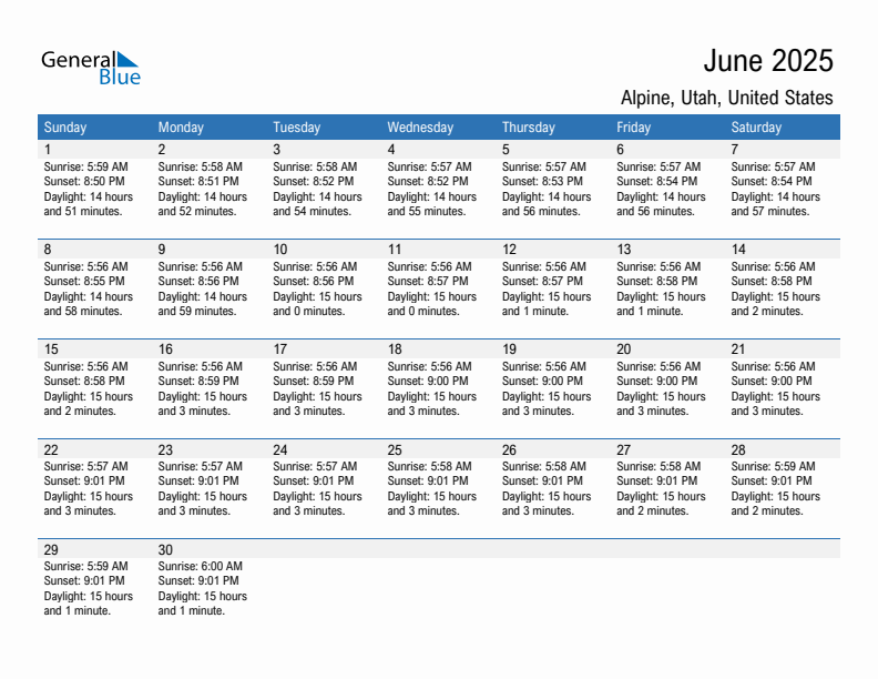 Alpine June 2025 sunrise and sunset calendar in PDF, Excel, and Word