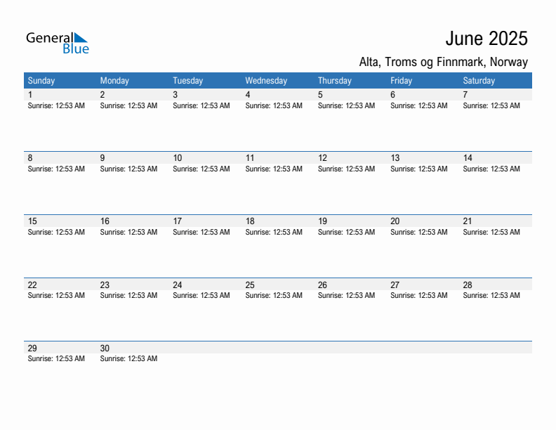 Alta June 2025 sunrise and sunset calendar in PDF, Excel, and Word