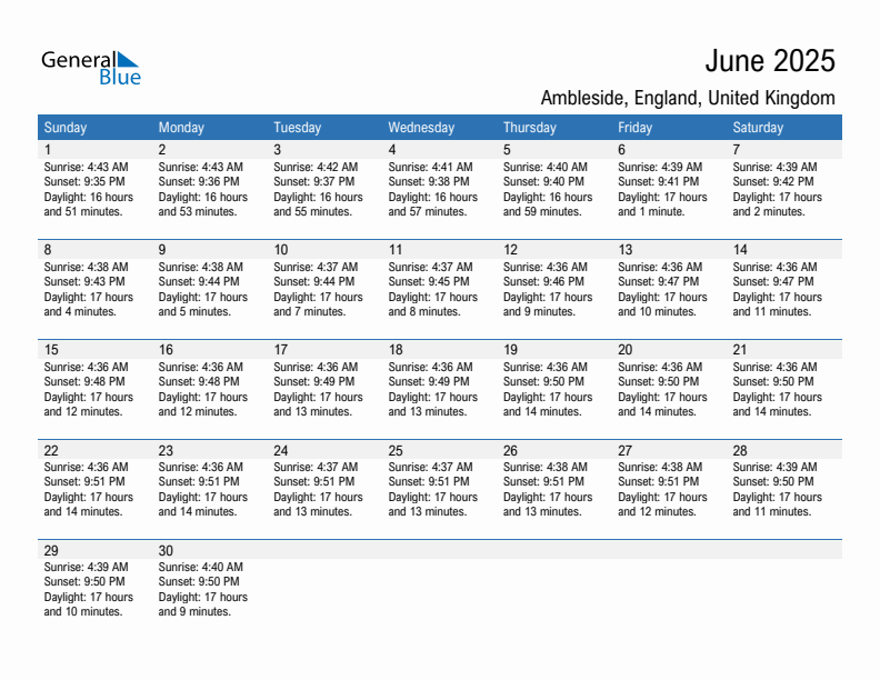 Ambleside June 2025 sunrise and sunset calendar in PDF, Excel, and Word