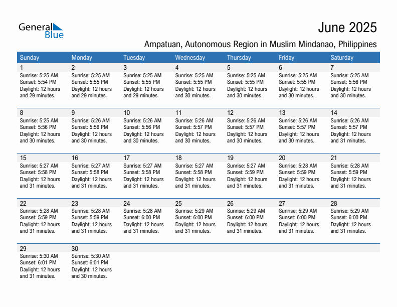 Ampatuan June 2025 sunrise and sunset calendar in PDF, Excel, and Word