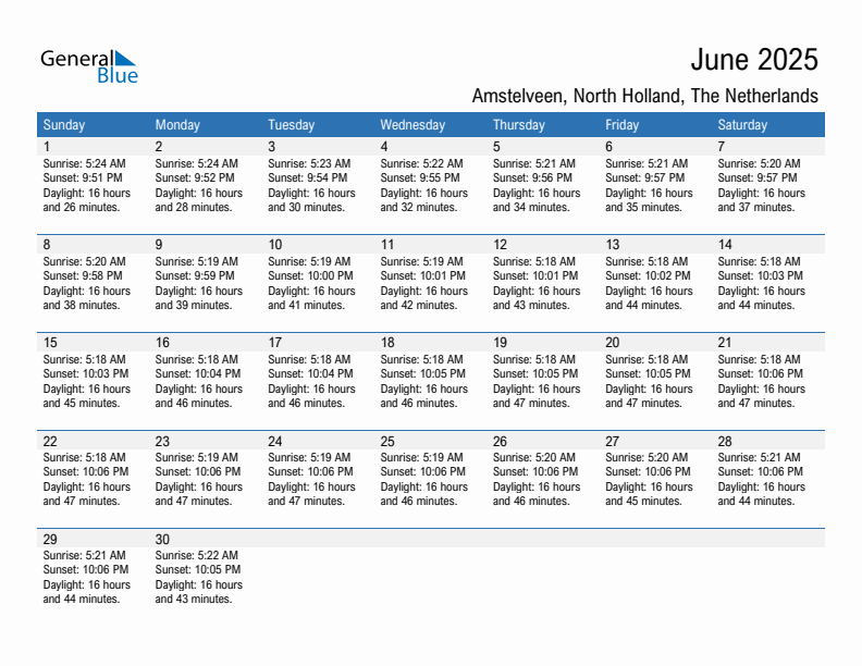 Amstelveen June 2025 sunrise and sunset calendar in PDF, Excel, and Word