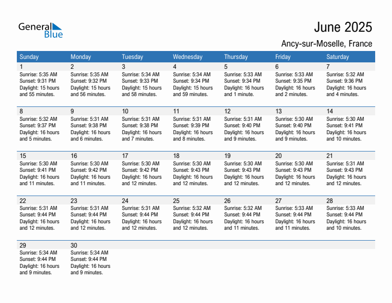 Ancy-sur-Moselle June 2025 sunrise and sunset calendar in PDF, Excel, and Word