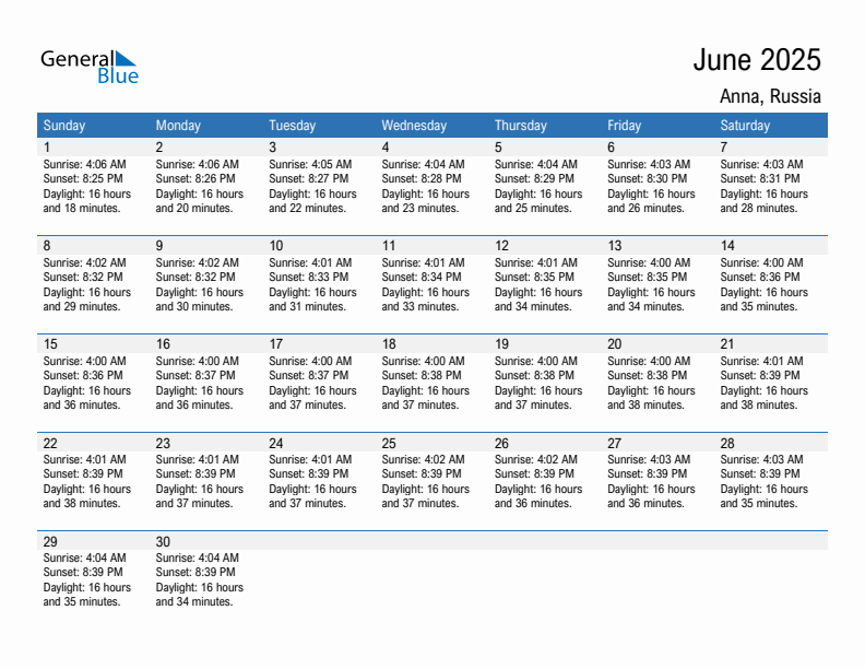 Anna June 2025 sunrise and sunset calendar in PDF, Excel, and Word