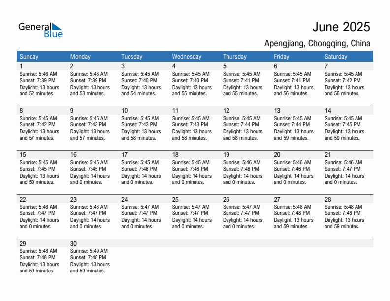 Apengjiang June 2025 sunrise and sunset calendar in PDF, Excel, and Word