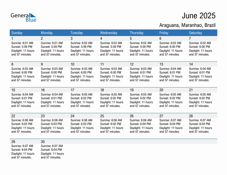 Araguana June 2025 sunrise and sunset calendar in PDF, Excel, and Word