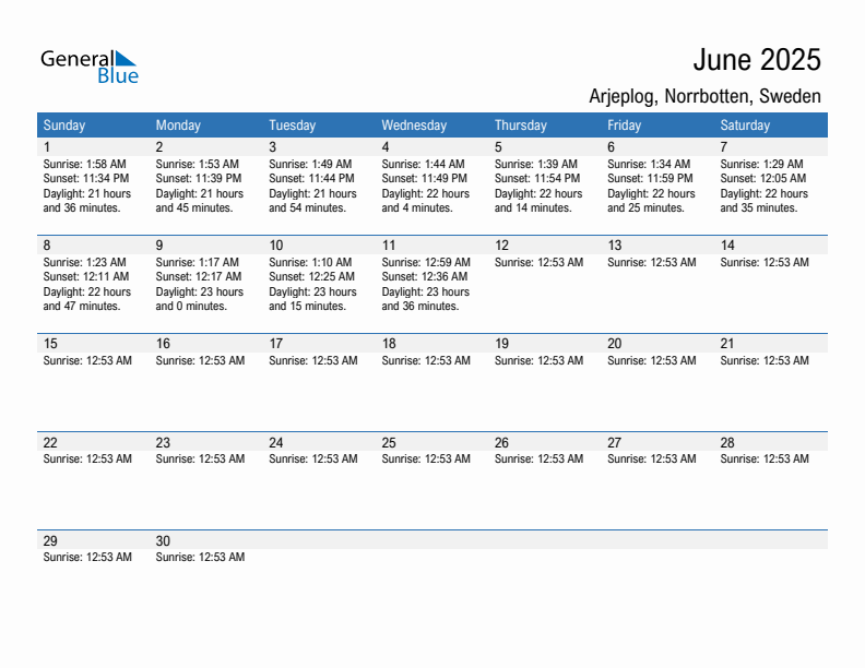 Arjeplog June 2025 sunrise and sunset calendar in PDF, Excel, and Word