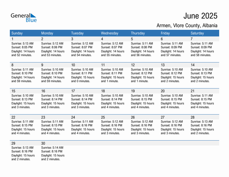 Armen June 2025 sunrise and sunset calendar in PDF, Excel, and Word