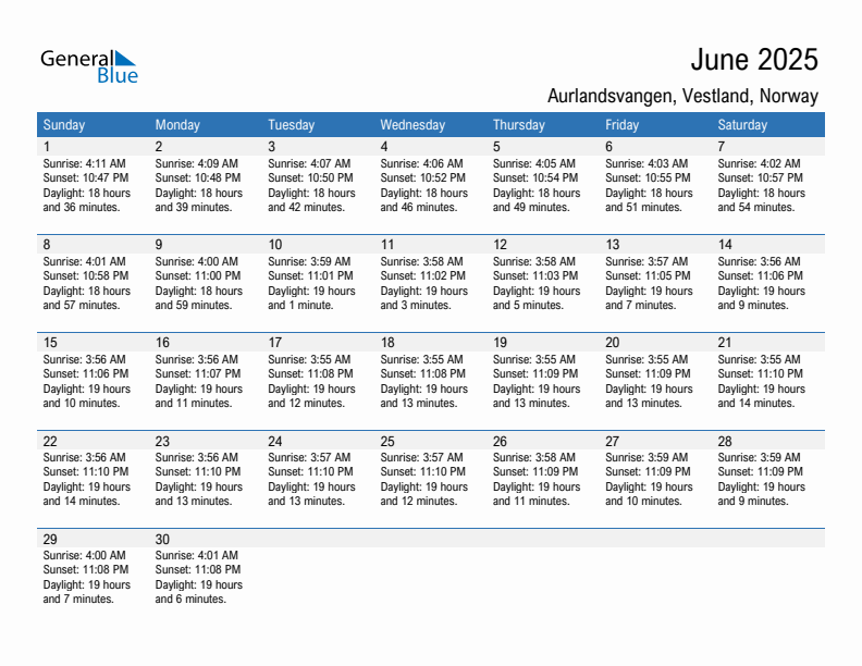 Aurlandsvangen June 2025 sunrise and sunset calendar in PDF, Excel, and Word