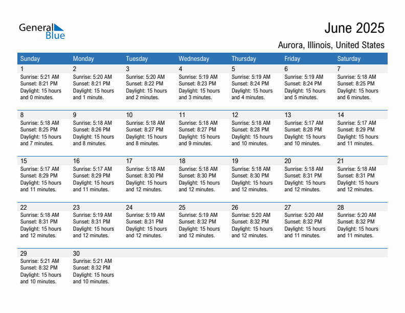 Aurora June 2025 sunrise and sunset calendar in PDF, Excel, and Word