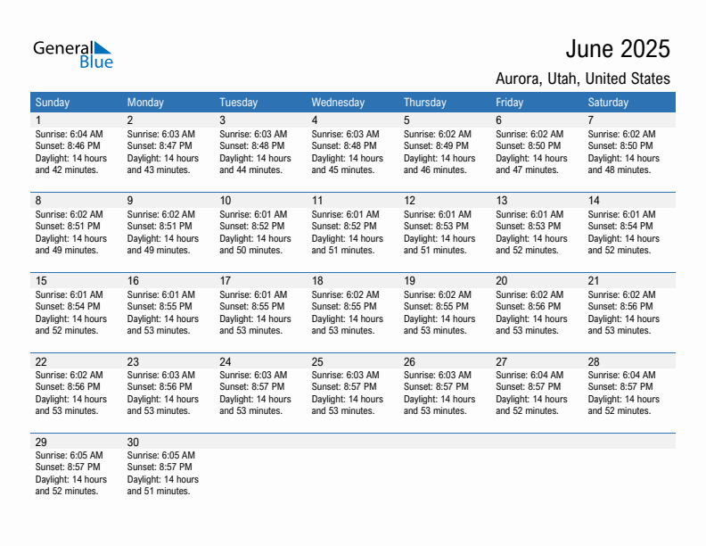 Aurora June 2025 sunrise and sunset calendar in PDF, Excel, and Word