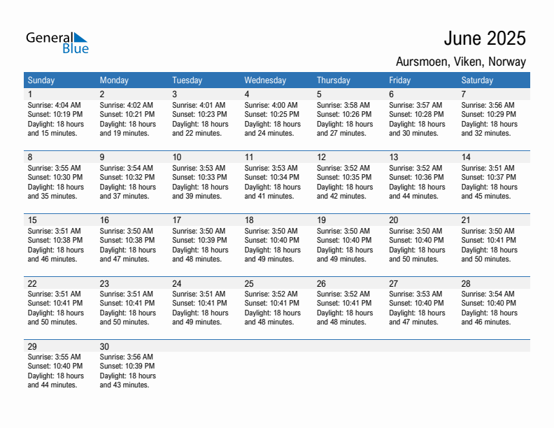 Aursmoen June 2025 sunrise and sunset calendar in PDF, Excel, and Word