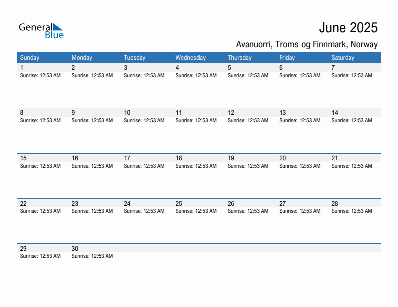 Avanuorri June 2025 sunrise and sunset calendar in PDF, Excel, and Word