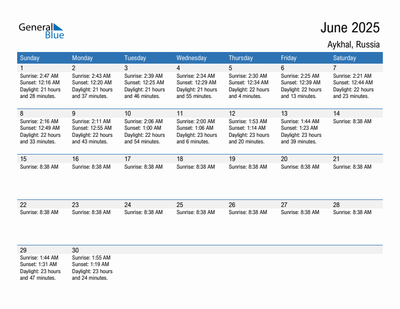 Aykhal June 2025 sunrise and sunset calendar in PDF, Excel, and Word