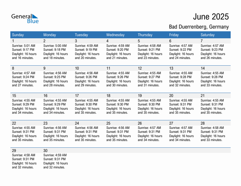 Bad Duerrenberg June 2025 sunrise and sunset calendar in PDF, Excel, and Word