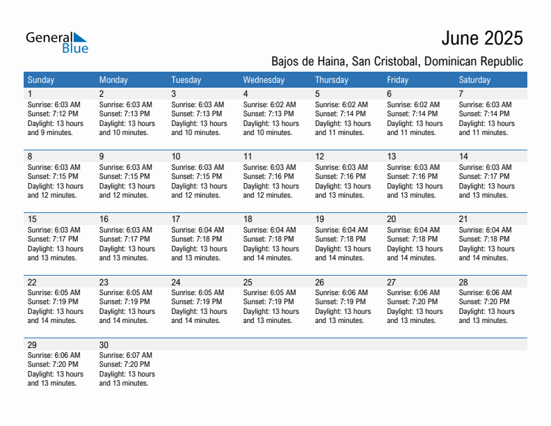 Bajos de Haina June 2025 sunrise and sunset calendar in PDF, Excel, and Word